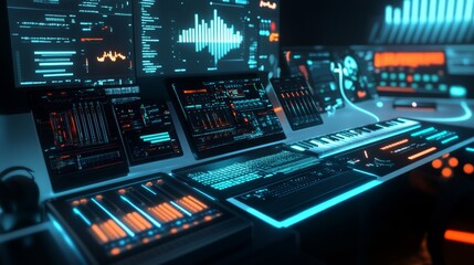 Fototapeta premium An AI driven futuristic holographic music studio where artists compose songs through neural interfaces, Digital audio technology style, photo of