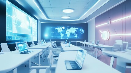 An AI driven futuristic personalized education hub with adaptive holographic tutors providing real time interactive lessons, Learning technology style, photo of