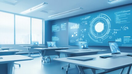 An AI driven futuristic personalized education hub with adaptive holographic tutors providing real time interactive lessons, Learning technology style, photo of