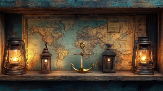 A rustic wooden shelf adorned with antique maps, brass anchors, and vintage lanterns, softly lit by warm light
