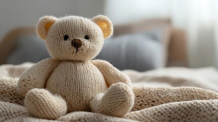 Small teddy bear sitting on a beige knitted blanket. the bear is made of a soft, knitted material and has a round face with two small ears on top.