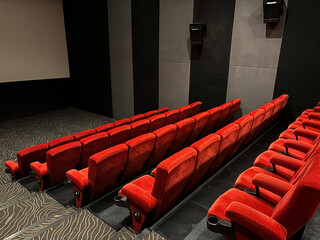 Modern Cinema Interior With Empty Red Seats in a Private Screening Room