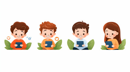 Fototapeta premium Four Cute Children Using Tablets in a Whimsical Illustration