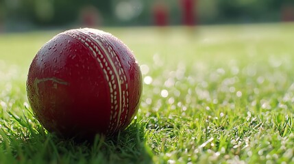 Close-up of Wet Cricket Ball on Green Grass Field