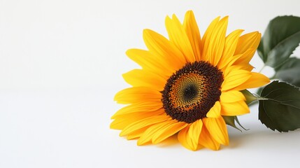 A single radiant sunflower with golden petals, resting on a pristine white surface, representing happiness and good luck
