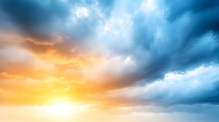 Fototapeta premium Breathtaking sky filled with deep blue and fiery golden clouds as sunlight pierces through atmosphere. Perfect for nature wallpapers, inspirational content, weather-related visuals. Selective focus