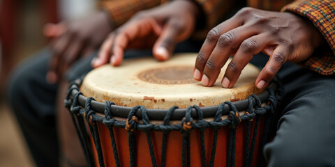 A close-up of a young african man playing a traditional drum with skillful hands, focusing on the rhythm and cultural expression within a vibrant outdoor setting