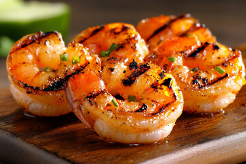 macro shot focusing on the char marks and juicy texture of the grilled shr