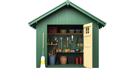 Traditional garden shed with green exterior filled with tools outdoor space garden perspective home improvement