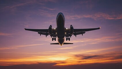 Fototapeta premium An airplane is ascending into a beautiful sunset sky landscape