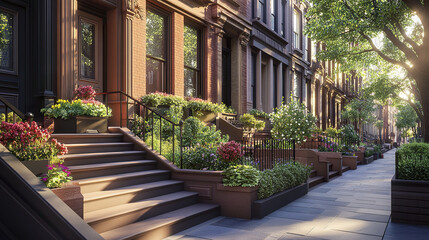 Fototapeta premium Brownstone buildings with steps and flower boxes in morning light