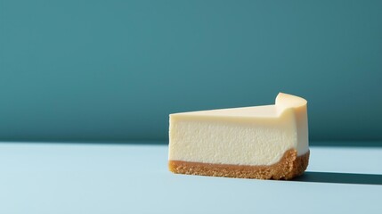 Close-up of a slice of cheesecake on a light blue background. the cheesecake is a creamy white color with a light brown crust on top.