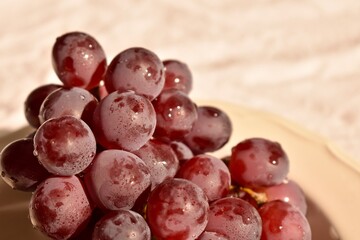 Plate with red Spanish seedless grapes of the Kyshmysh variety