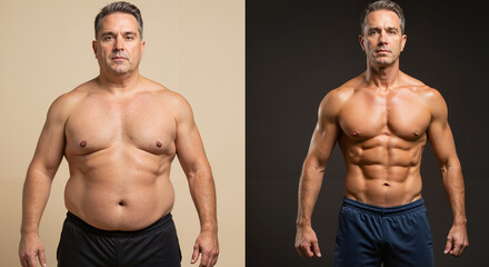 Man showcasing transformation before and after fitness journey  