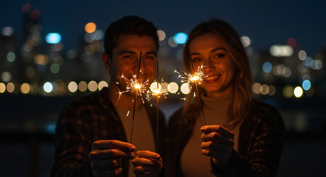 Happy couple celebrating with sparklers at night cityscape  