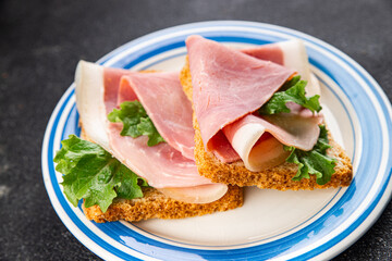 Sandwich ham tasty fresh delicious gourmet food background on table rustic food top view copy space