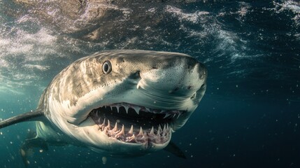 Fototapeta premium A tiger shark with a wide-open mouth and deadly teeth dominates the frame in an intense underwater moment