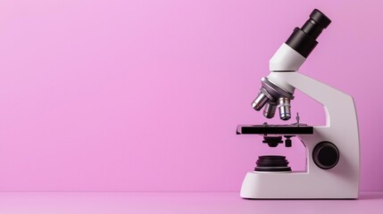 Microscope on a pink background. the microscope is white in color and has a black eyepiece on top. it is positioned in the center of the image and is facing towards the right side of the frame.