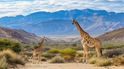 Obraz premium A tranquil setting where a mother giraffe and her calf stand beneath a vast sky, with mountains in the background
