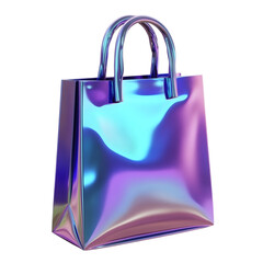 A holographic, iridescent shopping bag icon isolated on a transparent background