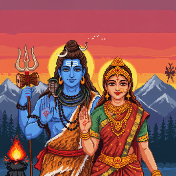 Pixel Art Illustration of Lord Shiva and Goddess Parvati