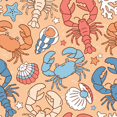 Seamless vector pattern with cute crab, shell, seastar and lobster. Exotic underwater sealife illustration. Hand drawn summer holiday beach background. Perfect for textile, wallpaper or print. 