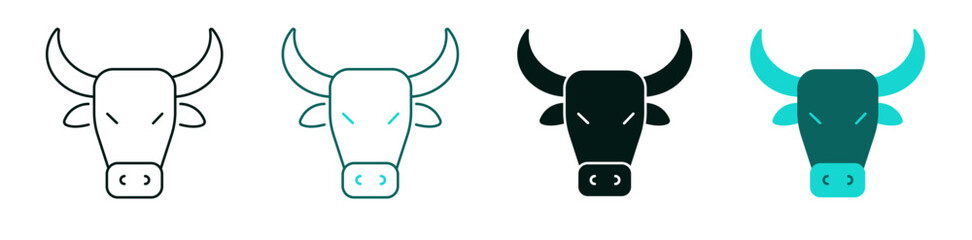 Bull icon set. Nature, Cryptocurrency, Stock Market, Bitcoin, Finance or Digital money concept. Bull head symbol. Thin line or solid logo for web or mobile app. Animal face. Editable vector stroke.