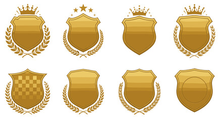 Collection of golden shields with laurel wreaths and crowns.