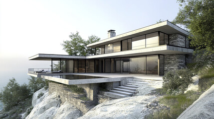 Obraz premium Modern cliffside house with panoramic ocean view and pool