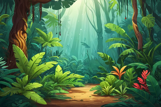 Lush Tropical Jungle Illustration with Dense Green Vegetation - Exotic Rainforest Background with Monstera Leaves and Palm Fronds