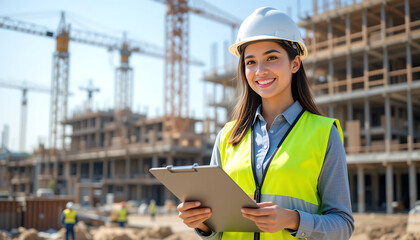 A cheerful young female engineer smiles at a construction site.