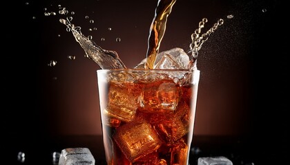 Pour soft drink in glass with ice splash on dark background.