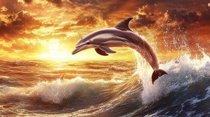 Fototapeta premium Majestic dolphins jump through shimmering ocean waves, bathed in the warm glow of an orange and pink sunset