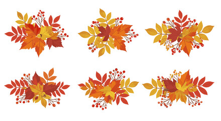 Fototapeta premium Six autumnal leaf arrangements in warm colors.