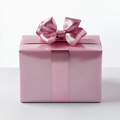 Obraz premium Gift on a white table. The gift is wrapped in shiny pink paper with a purple bow on top