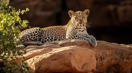 The spotted coat of a leopard glows under the sun as it rests atop a rocky outcrop, its eyes scanning for movement