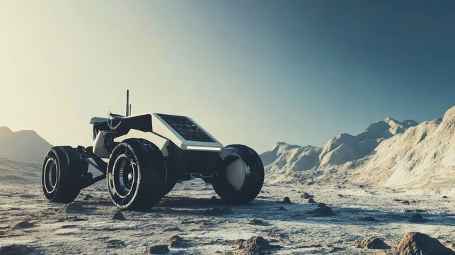 An AI driven space exploration vehicle analyzing surface data and collecting samples on distant planets with autonomous navigation, Space science style, photo of