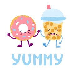 Cute sweet fast food characters. Yummy donut and bubble tea textured print.