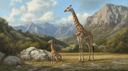 Obraz premium Two giraffes rest on a grassy plain, the mother standing tall while her baby leans in close, with majestic mountains in the background