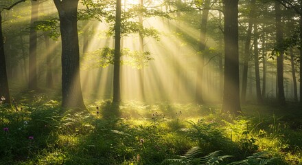 Obraz premium Sunbeams Illuminating Misty Forest Magical Sunrise Photography