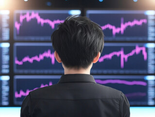 person analyzing cryptocurrency market trends on multiple monitors with fluctuating graphs in modern workspace