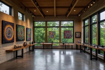 A Boho-style artist studio, filled with abstract paintings, pottery, and handmade crafts