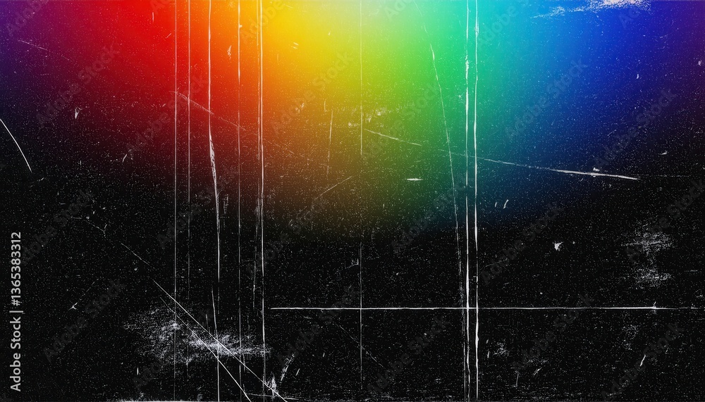 Poster grunge textured abstract background with a colorful gradient light leak effect, featuring rainbow hu