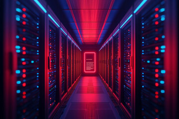 Fototapeta premium futuristic data center with illuminated servers in blue and red hues, showcasing advanced technology and digital security