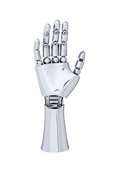 Fototapeta premium Close-up 3d Chrome Metal Futuristic Robotic hand gesture, glossy texture, isolated on white background. Cyborg robotic hand