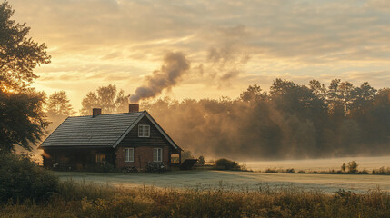 Fototapeta premium Cozy countryside home with smoke rising from chimney at dawn