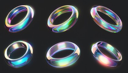 Glass or crystal ring in different angle view, 3d render. Abstract figure of geometric shape