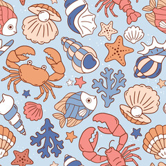Seamless vector pattern with cute crab, fish, shell, seastar and lobster. Exotic underwater sealife illustration. Hand drawn summer holiday beach background. Perfect for textile, wallpaper or print. 