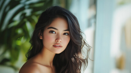 A woman poses with a gentle smile, highlighting her luxurious hair texture. A soft, bright atmosphere surrounds her, enhancing her natural beauty and elegance in a serene setting.