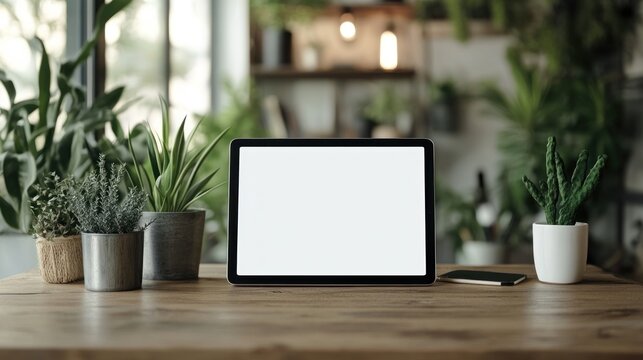 Blank tablet on wooden desk, surrounded by plants in a cafe